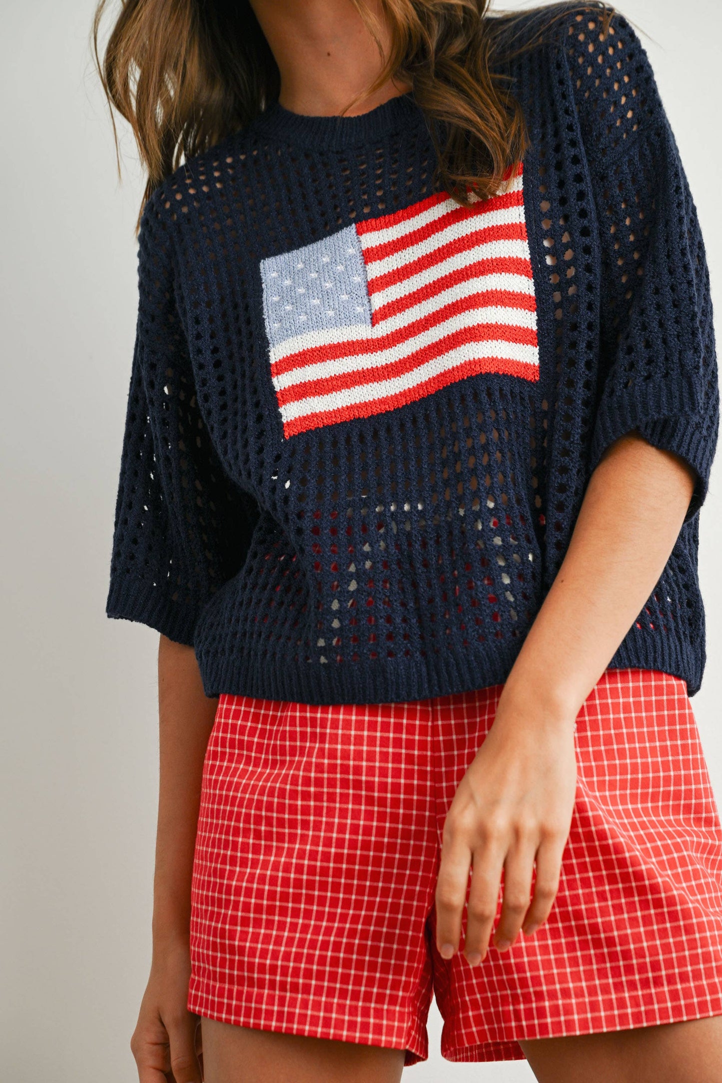 Flag Print Open Knit Crochet Sweater Top