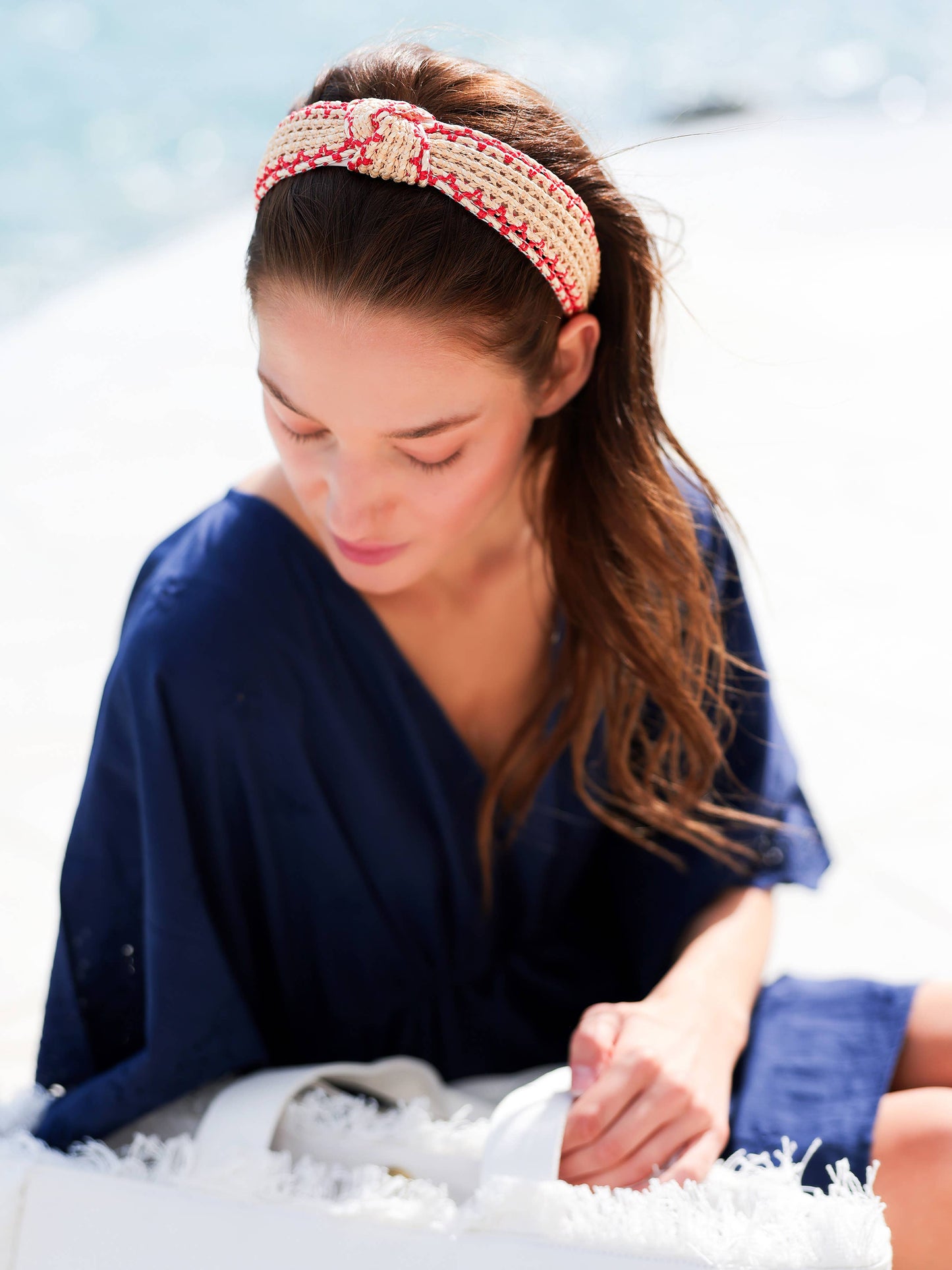 Woven Knotted Headband with Blue Trim
