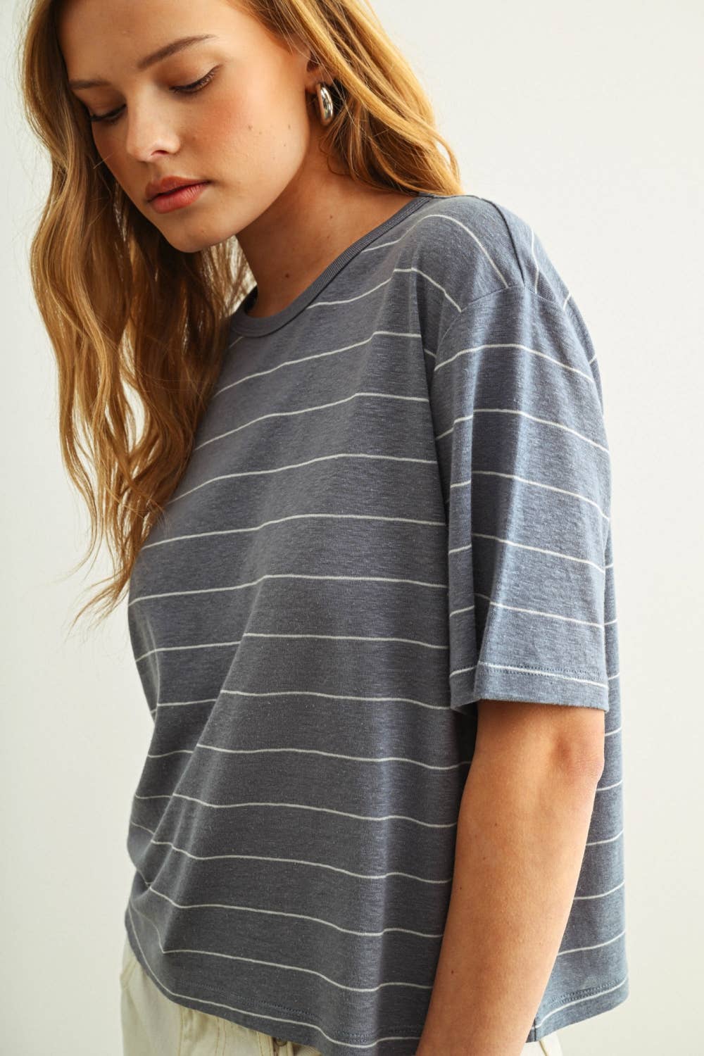 Stripe Cotton Linen Top - Blue