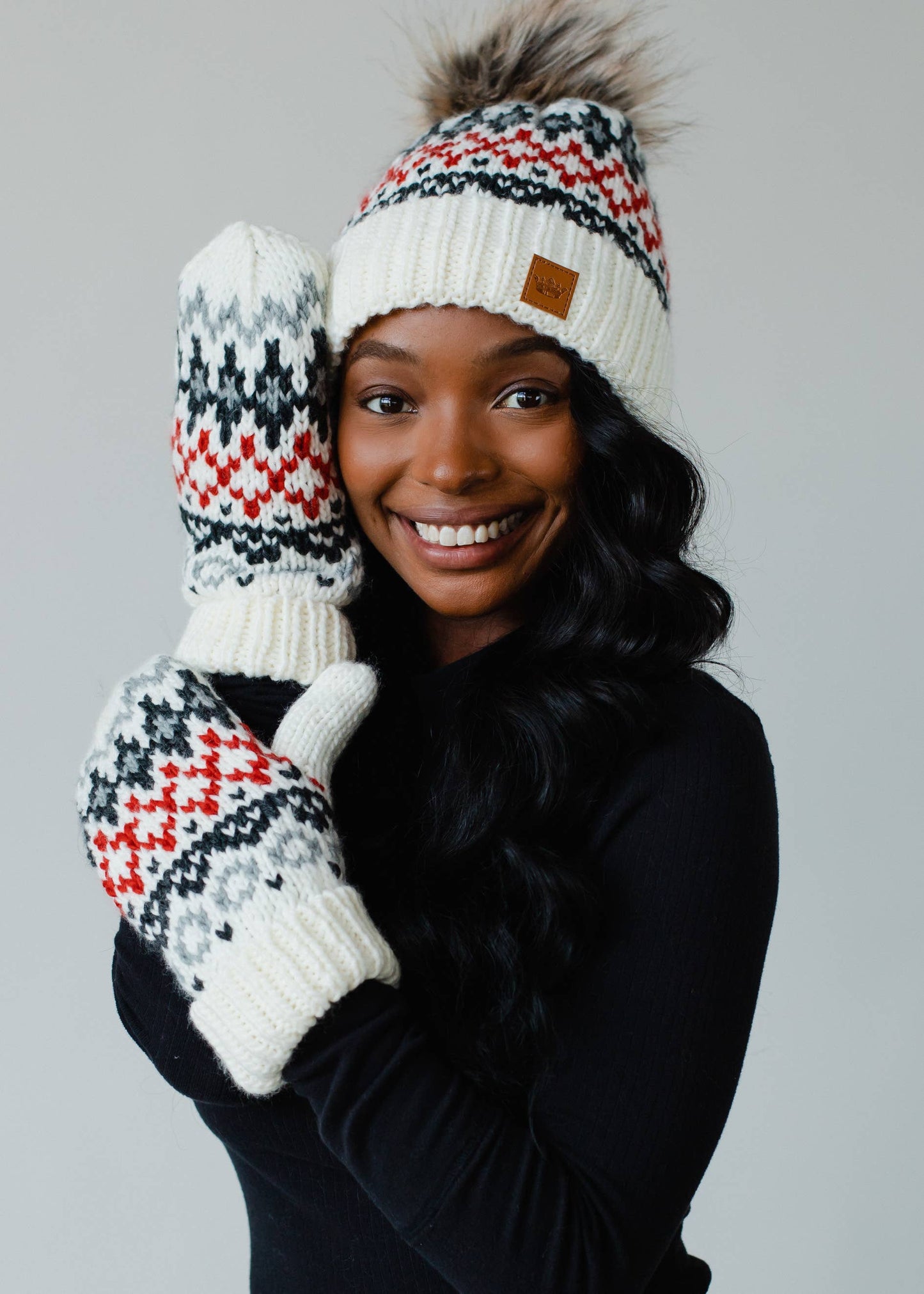 Ivory, Red & Gray Winter Pattern Pom Hat