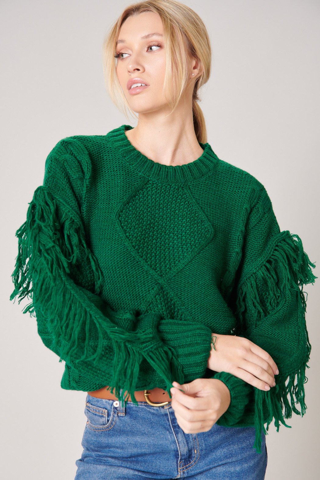 Green Bowman Fringe Sleeve Cable Knit Sweater