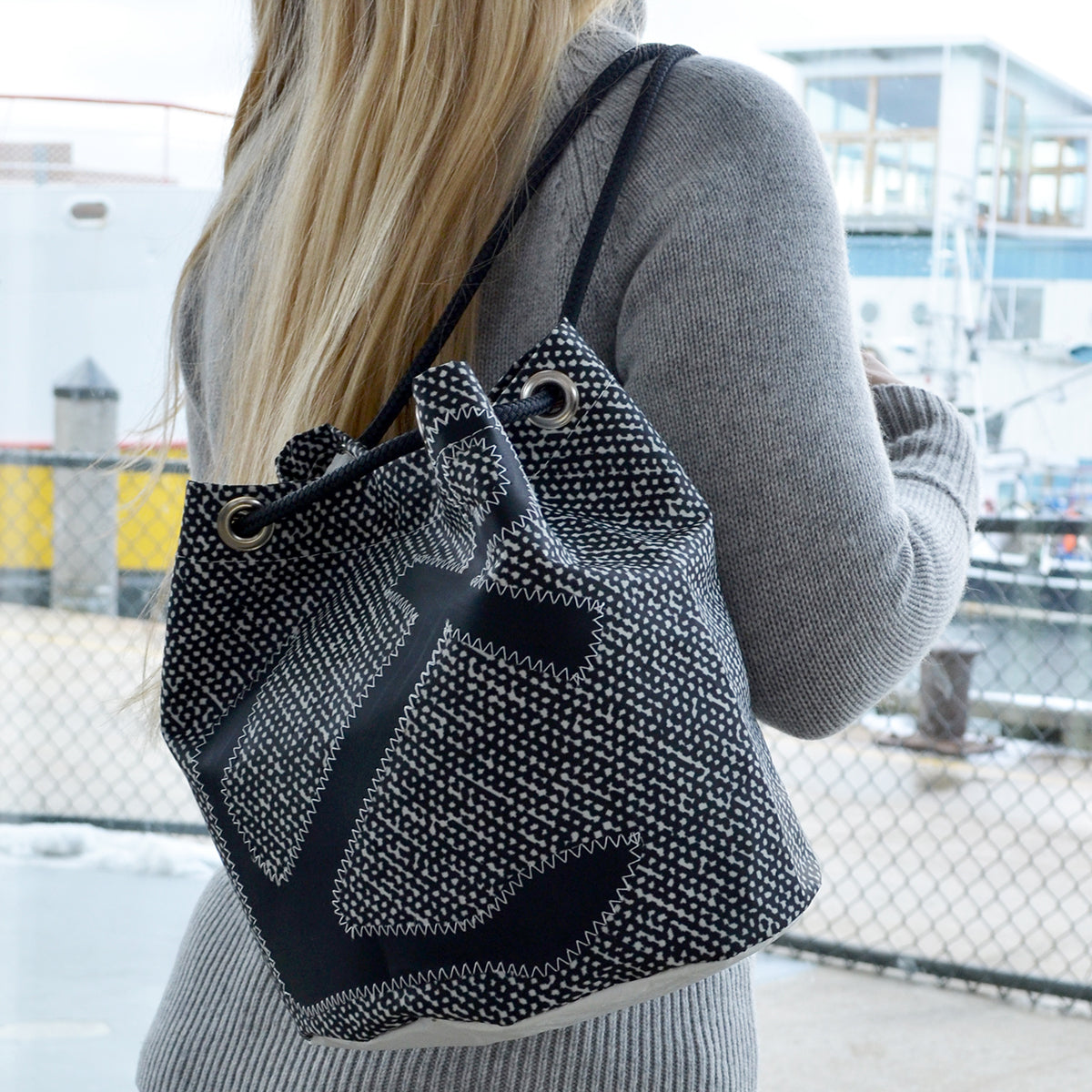 Sea Bags - Black Anchor on Barnacle Print Bucket Bag