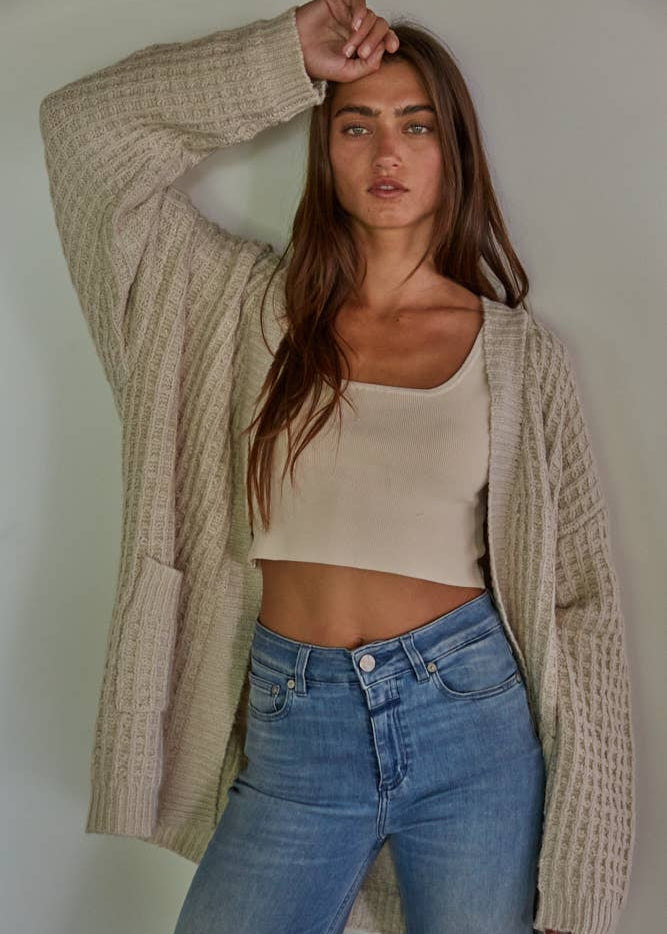 Waffle Knit Open Front Cardigan