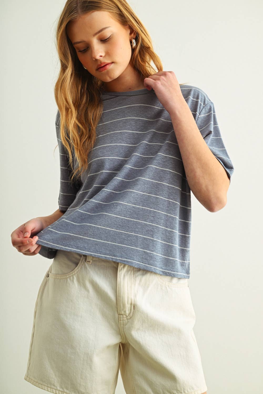 Stripe Cotton Linen Top - Blue