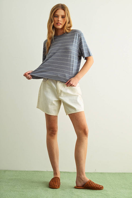 Stripe Cotton Linen Top - Blue