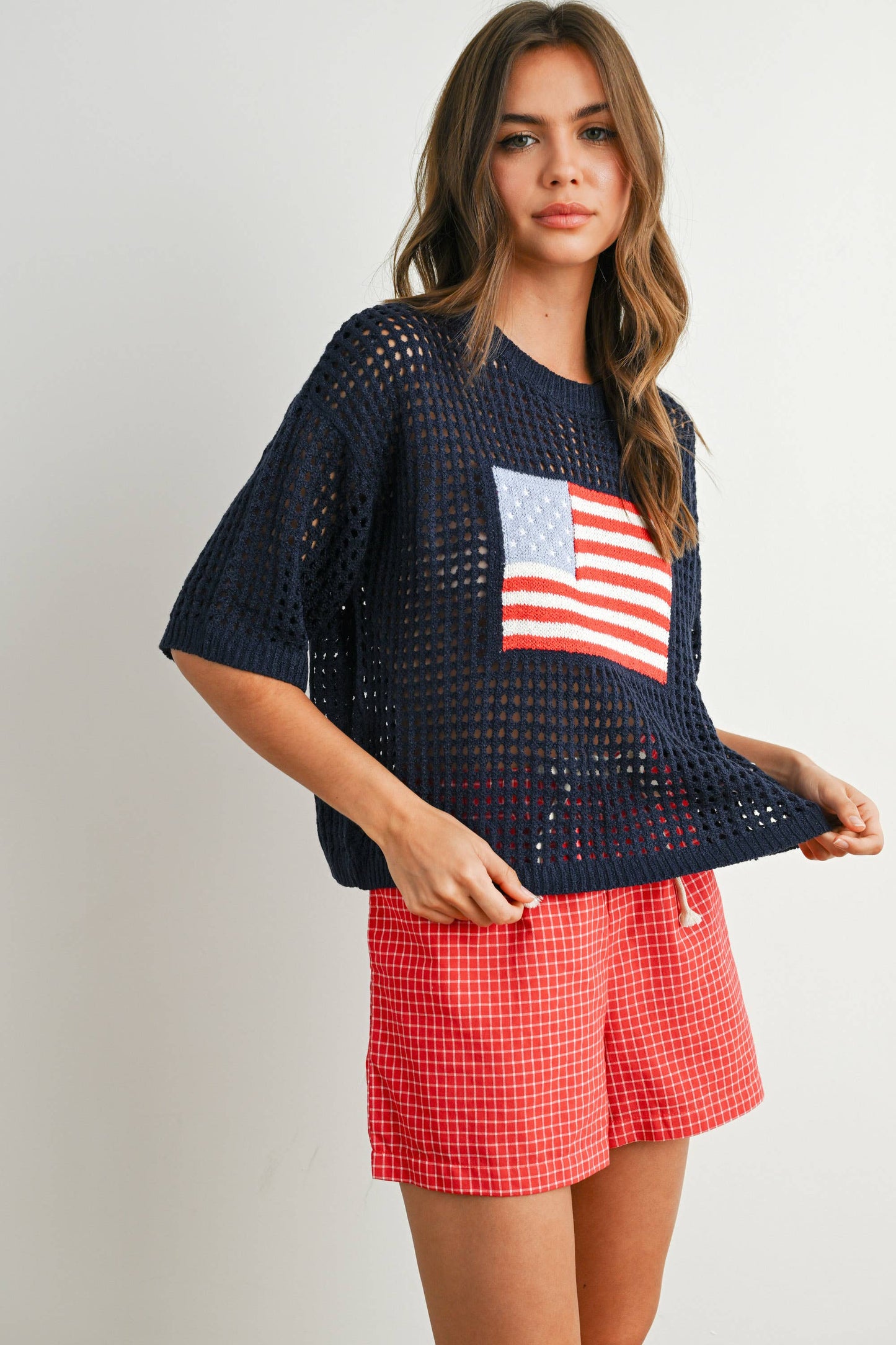 Flag Print Open Knit Crochet Sweater Top