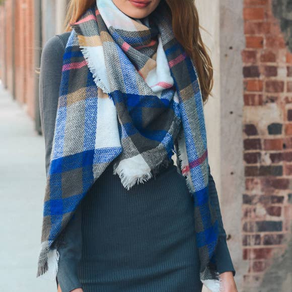 Classic Plaid Blanket Scarf: Green/Blue