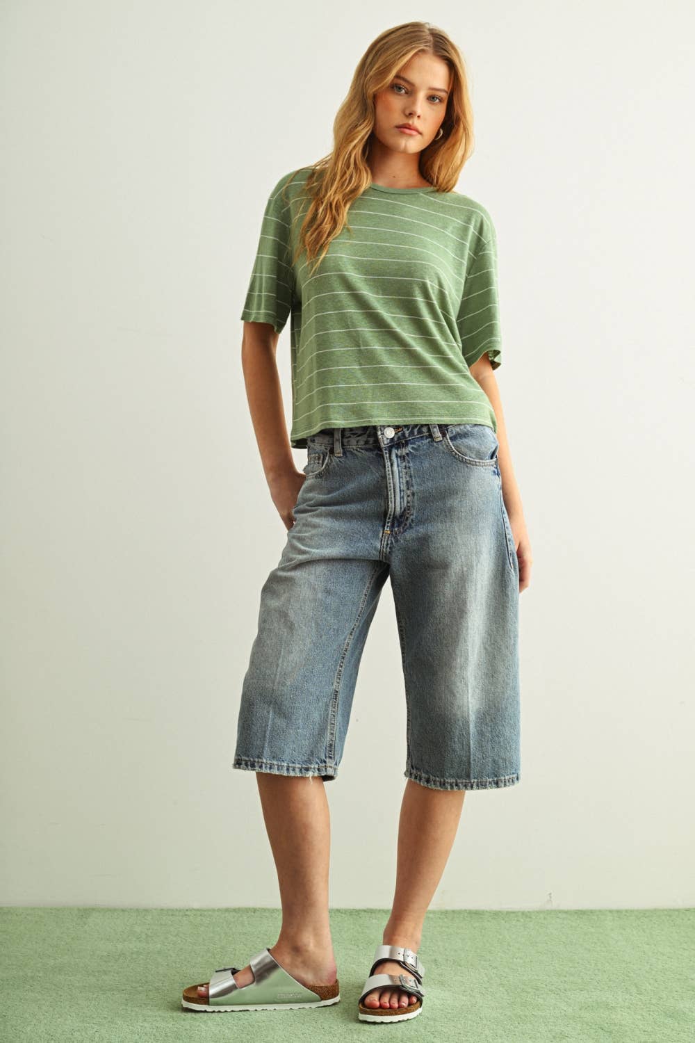 Stripe Cotton Linen Top - Sage
