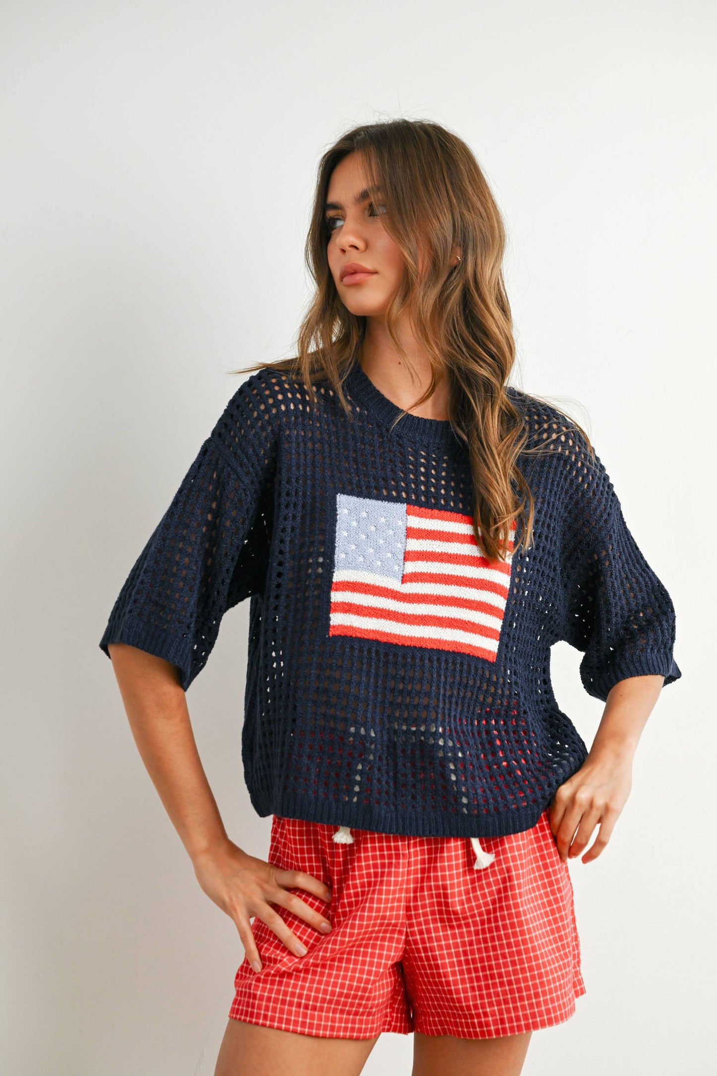 Flag Print Open Knit Crochet Sweater Top