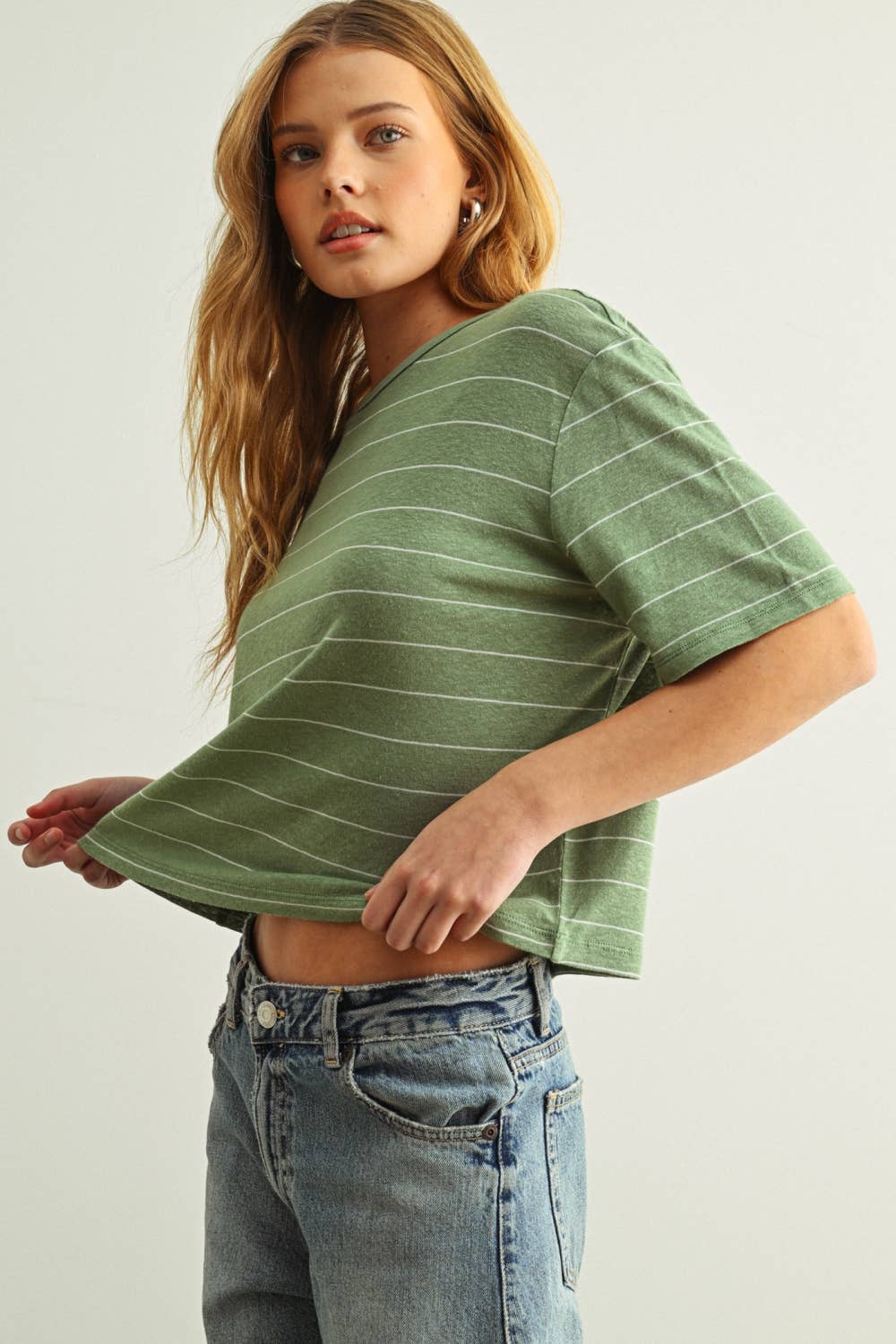 Stripe Cotton Linen Top - Sage