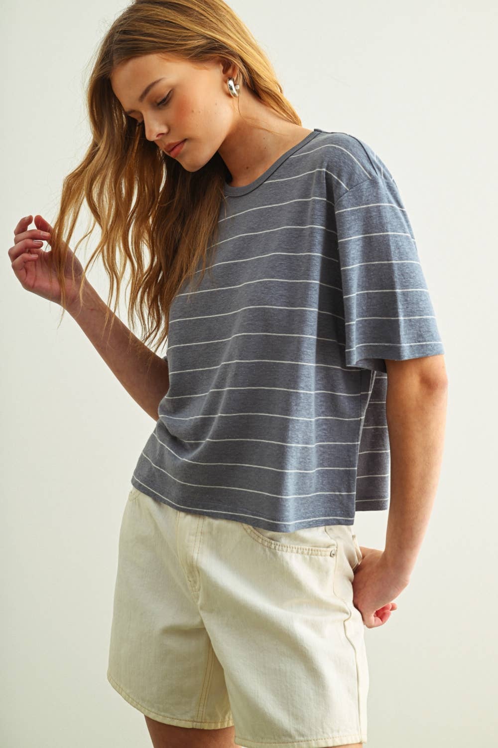 Stripe Cotton Linen Top - Blue