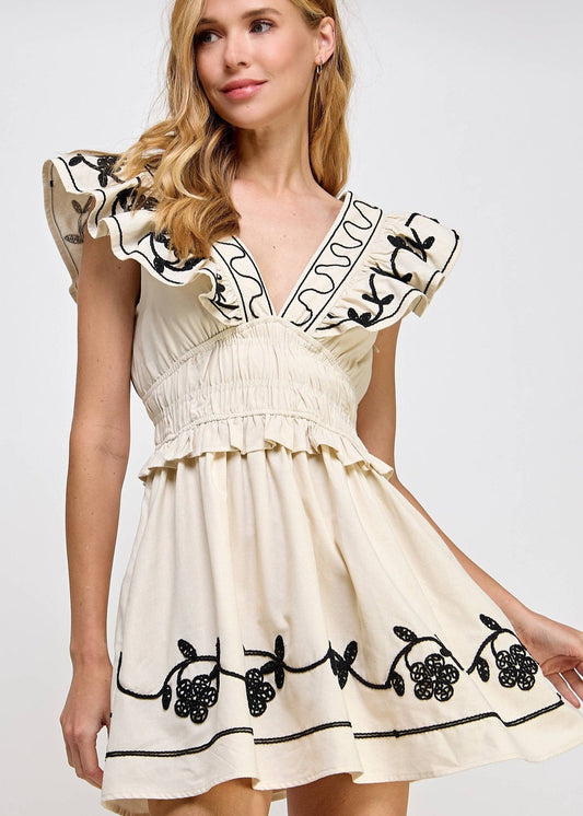 Embroidery Detail Ruffle Linen Mini Dress