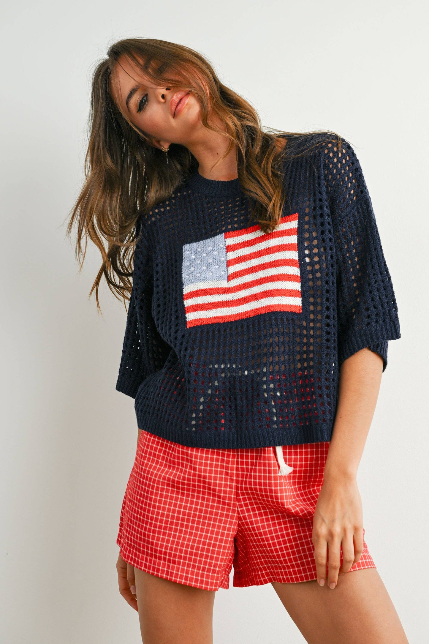 Flag Print Open Knit Crochet Sweater Top