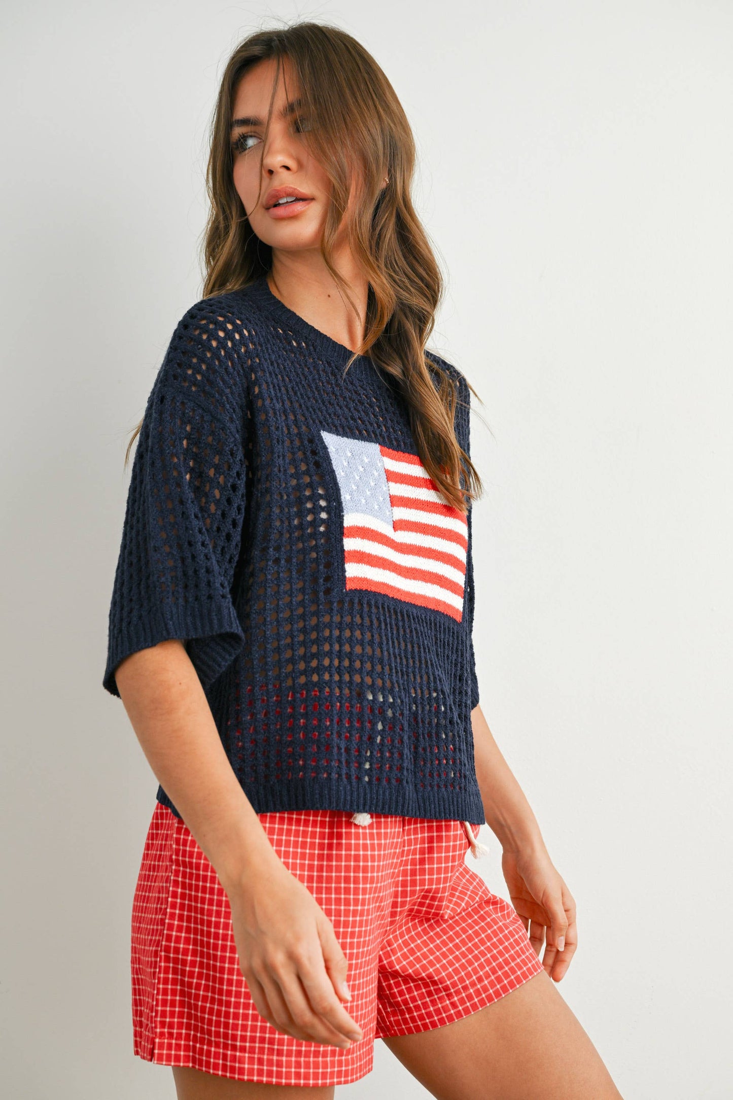 Flag Print Open Knit Crochet Sweater Top