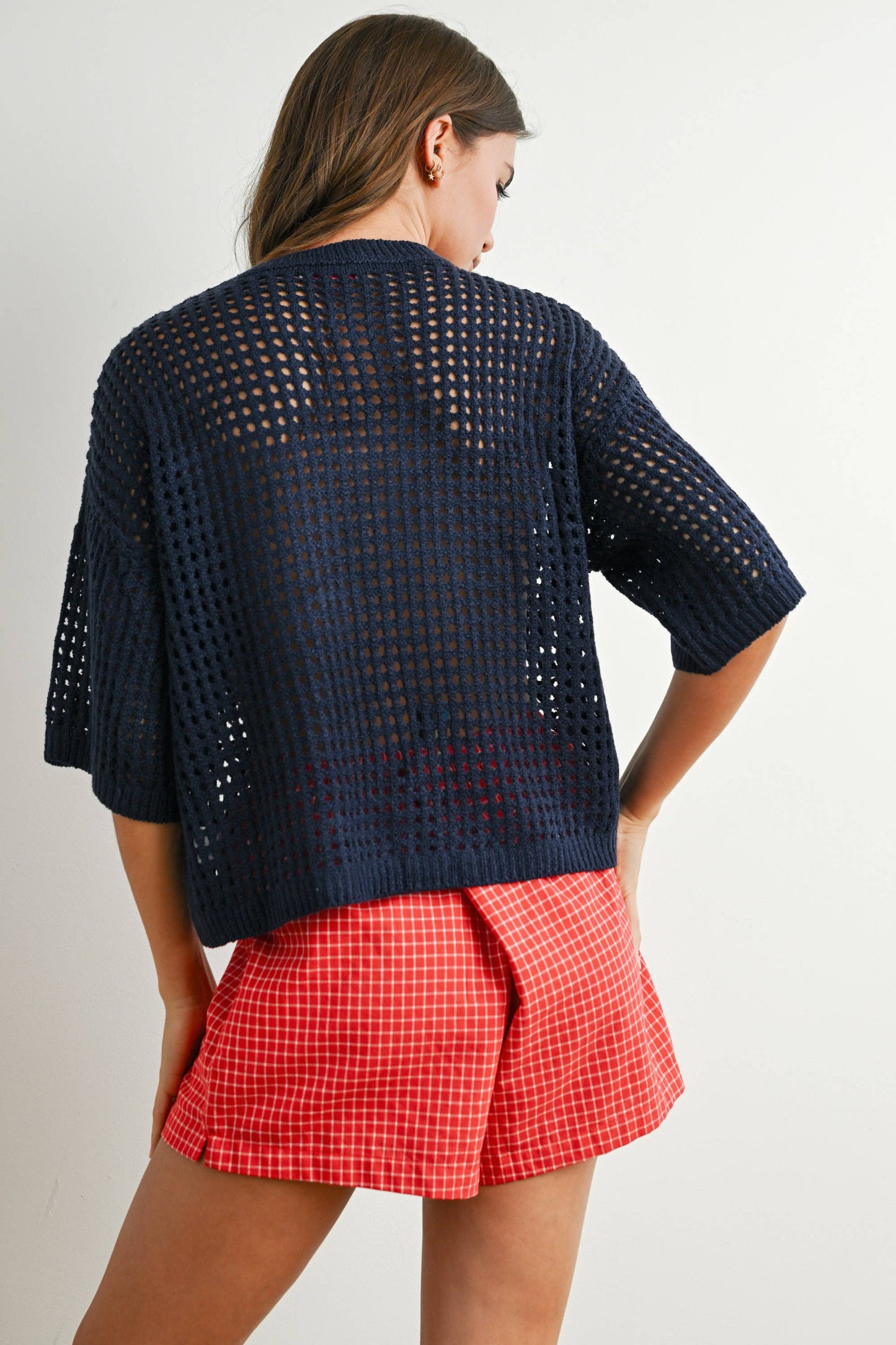 Flag Print Open Knit Crochet Sweater Top