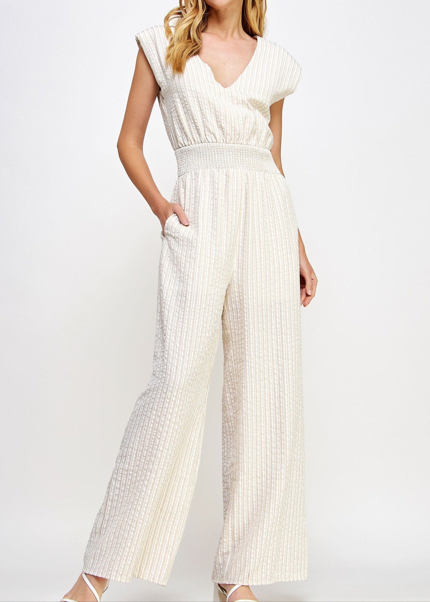 V-Neck Seersucker Jumpsuit