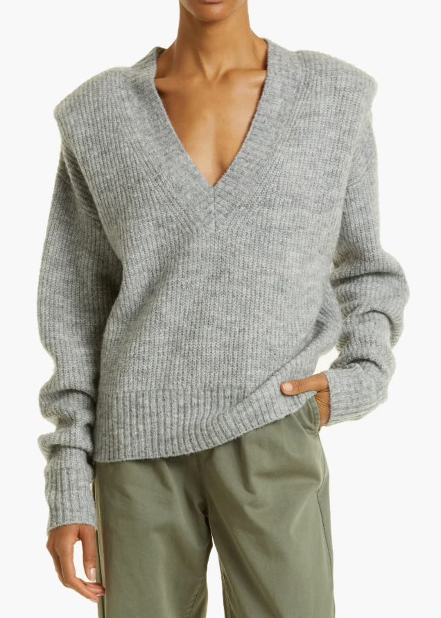 Camile Gray V-Neck Shoulder Pad Sweater