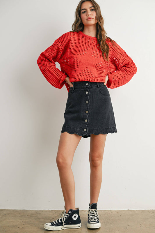 Black Buttoned Scallop Denim Skirt