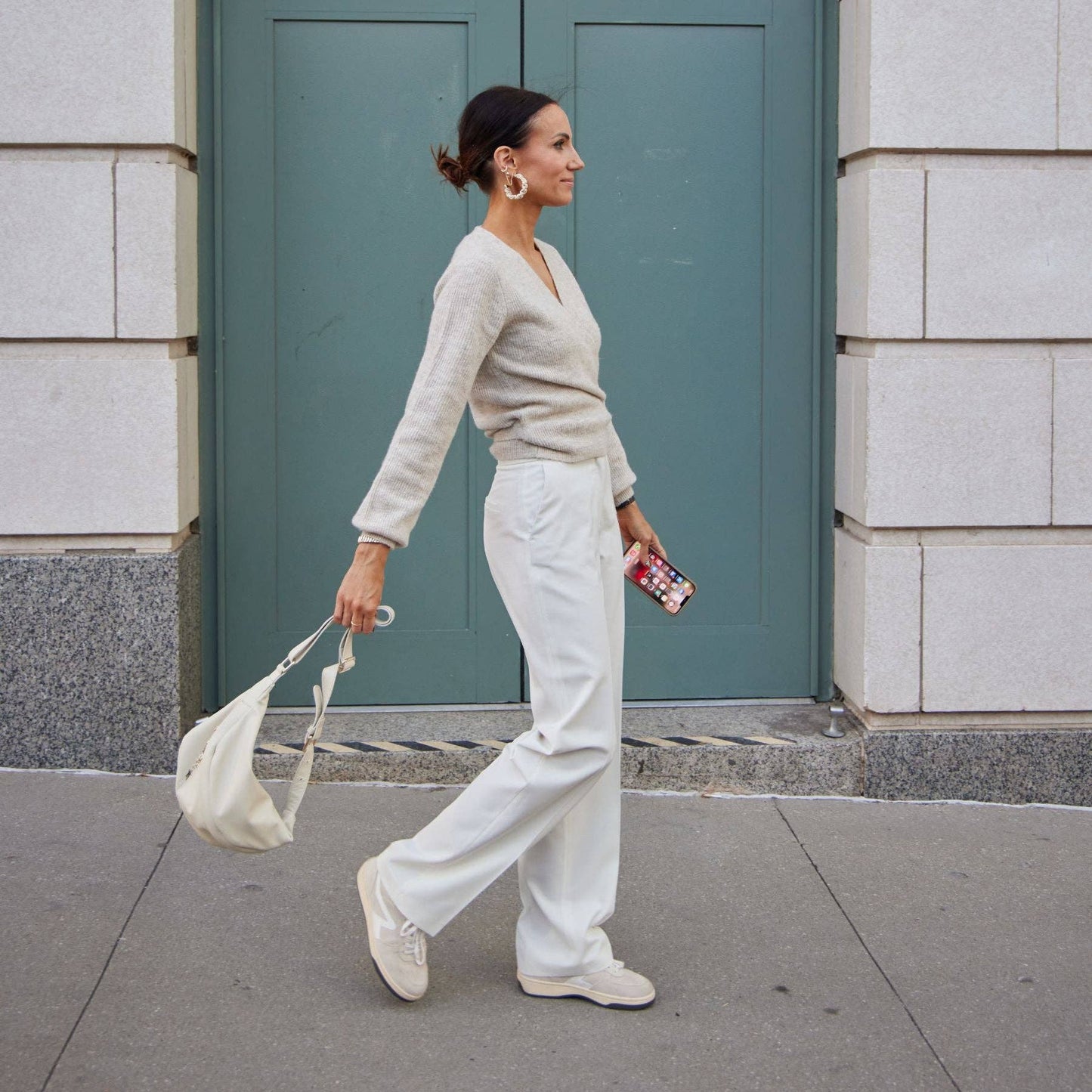 Cream Rosalia Ruched Leather Hoops