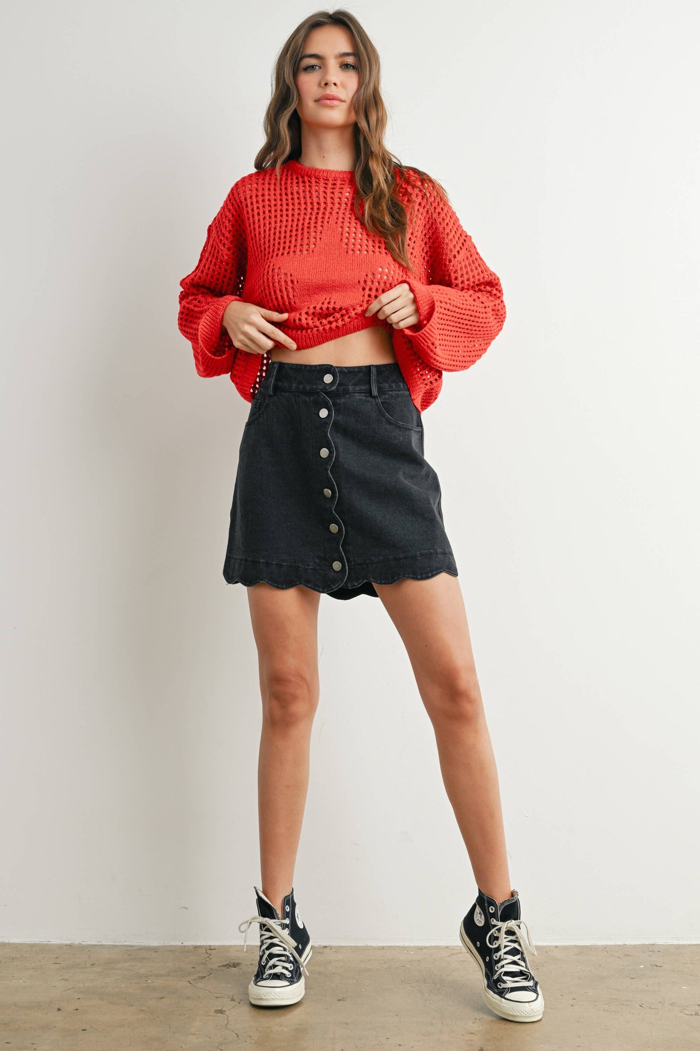 Black Buttoned Scallop Denim Skirt