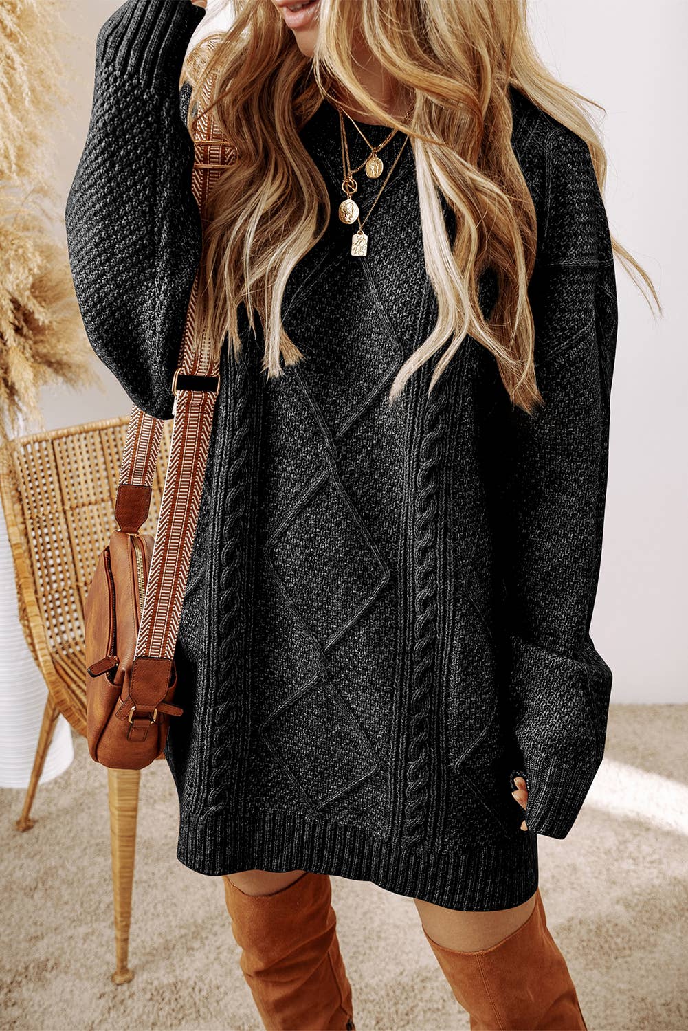 Grace Cable Knit Loose Fit Knit Sweater Dress - Black