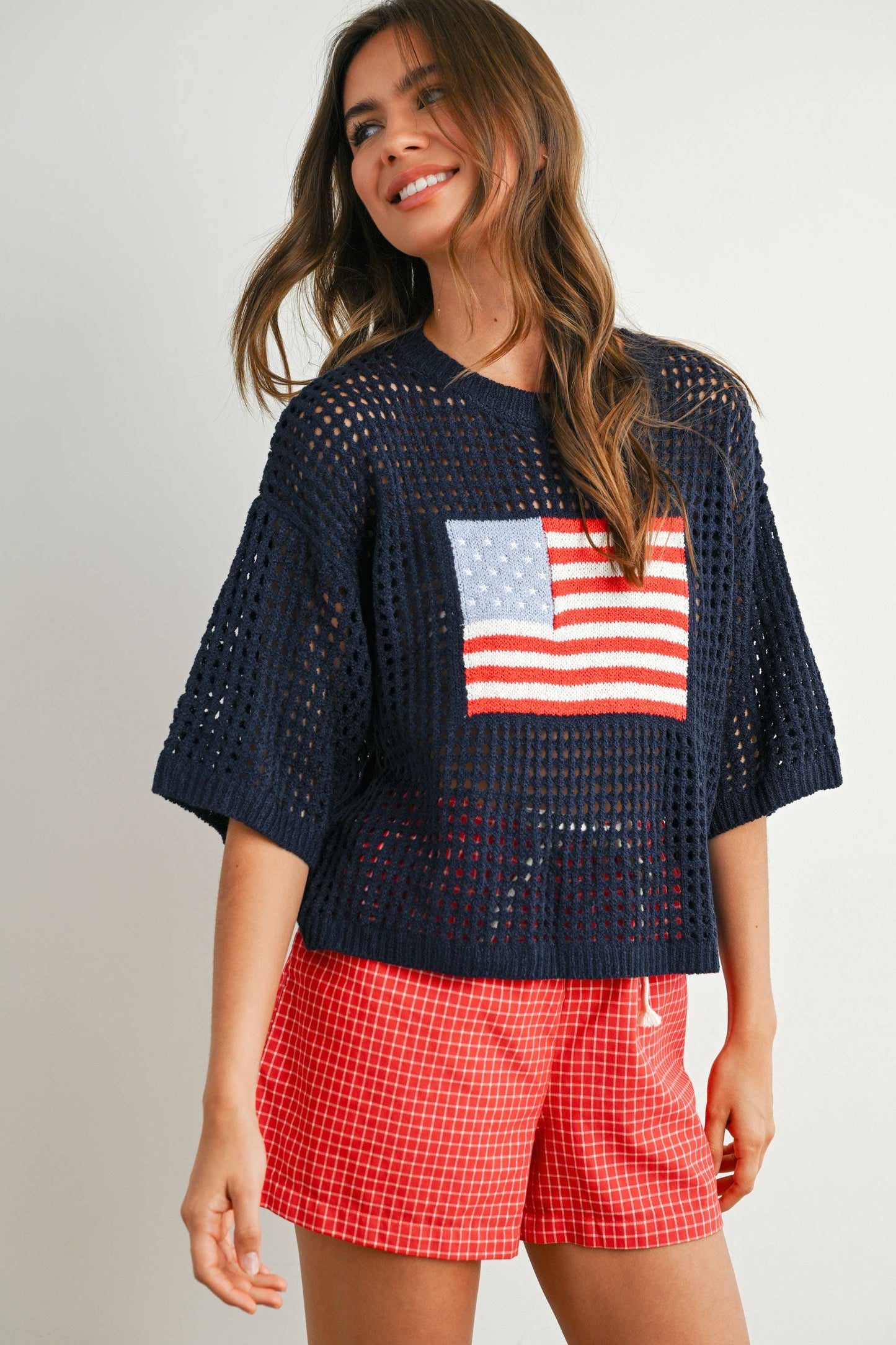 Flag Print Open Knit Crochet Sweater Top
