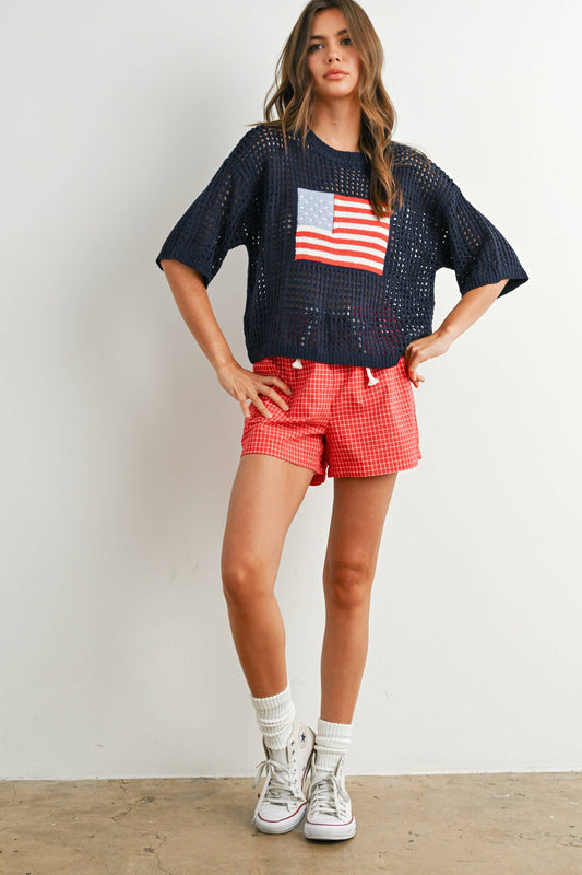 Flag Print Open Knit Crochet Sweater Top