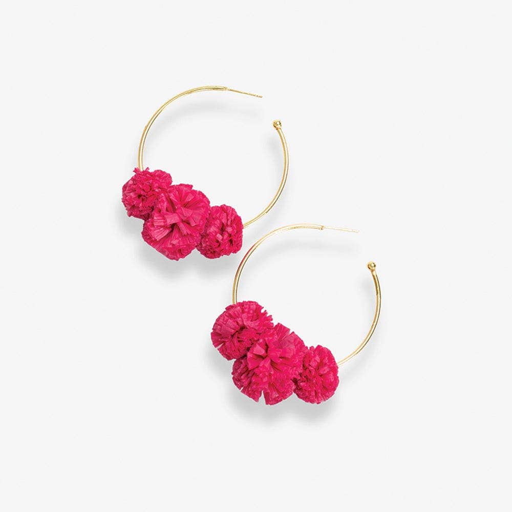Rita Raffia Poms Hoop Earrings Hot Pink