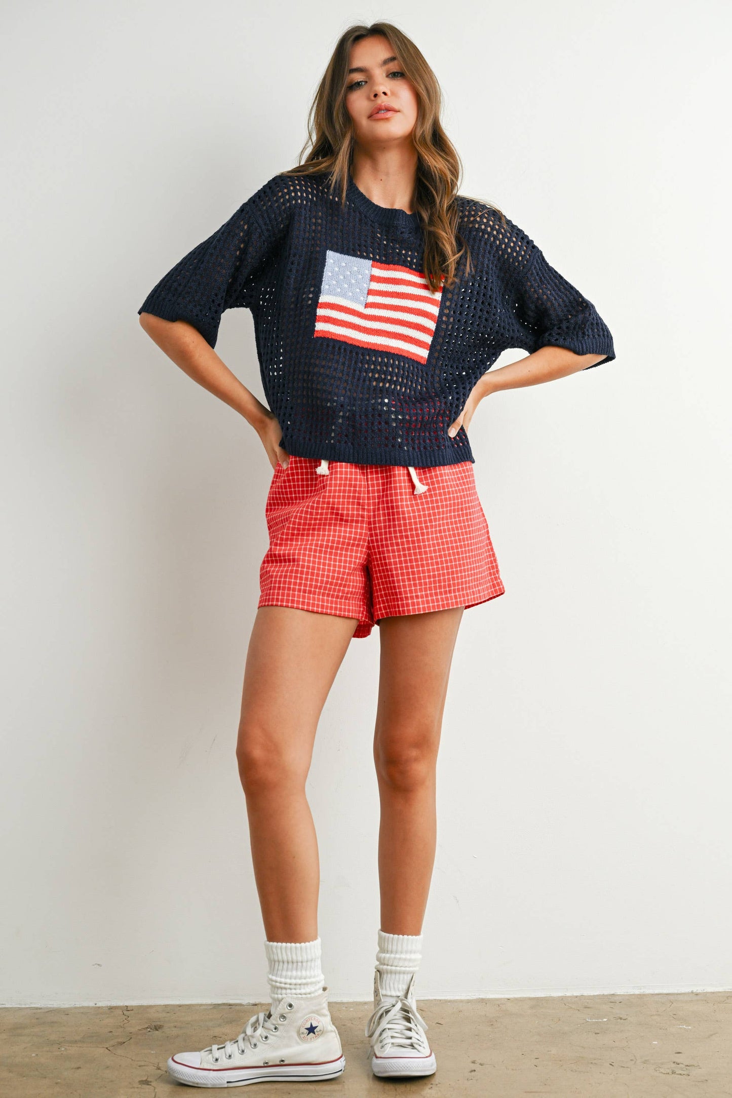 Flag Print Open Knit Crochet Sweater Top