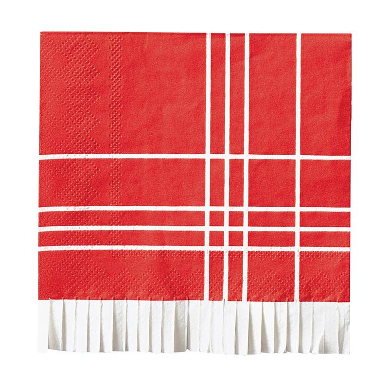 Red Plaid Fringe Cocktail Napkin