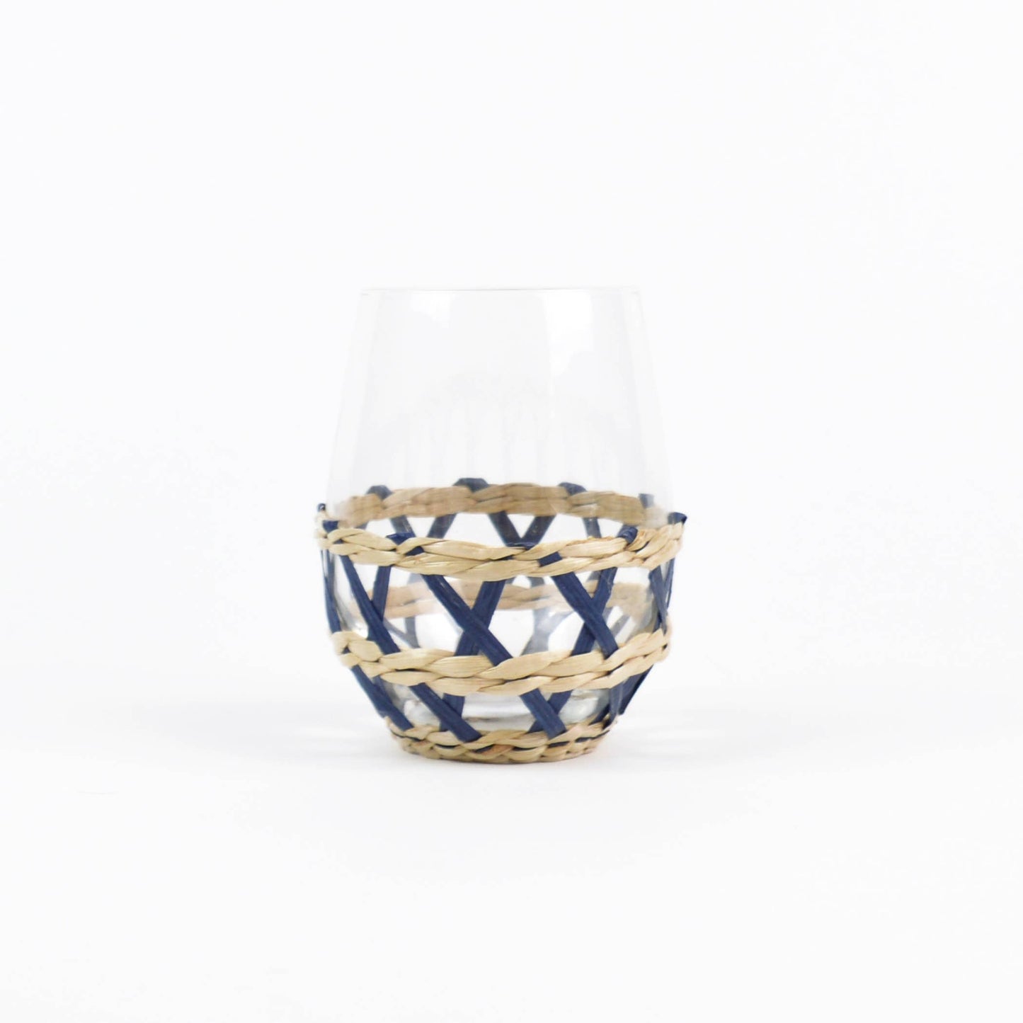 Navy Rattan Stemless Wine Glass