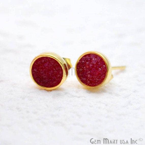 Round Shape 6mm Gold Plated Druzy Stud Earrings - Red